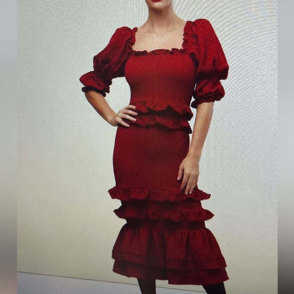 Women’s Red Ruffle Midi Dress - Elegant Puff Sleeve